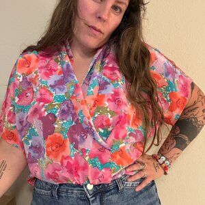 Vintage Y2K Jean De Pierre Bright Watercolor Floral Printed Short Sleeve Blouse